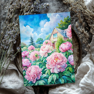 Watercolor cosy white house pink peonies tissue paper