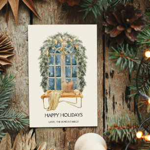 Watercolor Cosy Window Christmas Flat Holiday Card