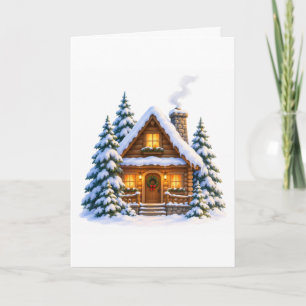 Watercolor Cosy Winter Log Cabin Card