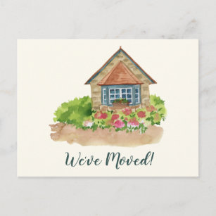 Watercolor Cottage Flowers Moved New Home Address  Postcard
