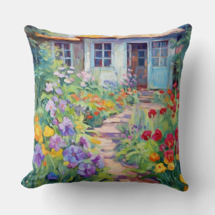 Watercolor Cottage Garden Filled with Flowers Cushion