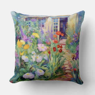 Watercolor Cottage Garden Filled with Flowers Cushion