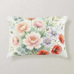 Watercolor Cottage Garden Wildflower Bouquet Decorative Cushion