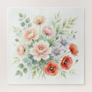 Watercolor Cottage Garden Wildflower Bouquet Jigsaw Puzzle