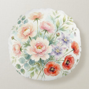 Watercolor Cottage Garden Wildflower Bouquet Round Cushion