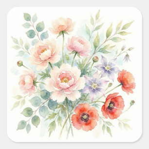 Watercolor Cottage Garden Wildflower Bouquet Square Sticker