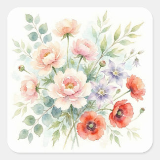Watercolor Cottage Garden Wildflower Bouquet Square Sticker