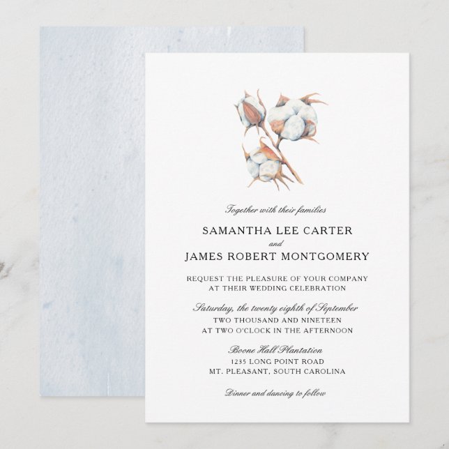 Watercolor Cotton Boll Plant  | Wedding Invitation (Front/Back)