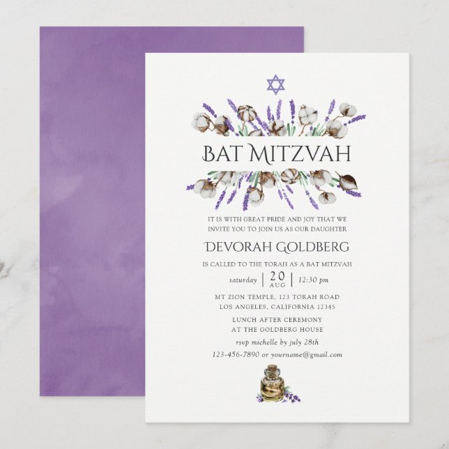 Watercolor Cotton Lavender Bat Mitzvah Invitation (Front/Back)