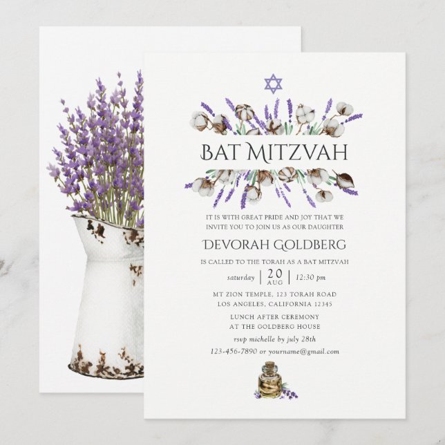 Watercolor Cotton Lavender Bat Mitzvah Invitation (Front/Back)