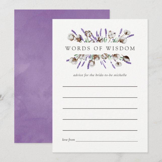 Watercolor Cotton Lavender Bridal Shower Advice Invitation (Front/Back)