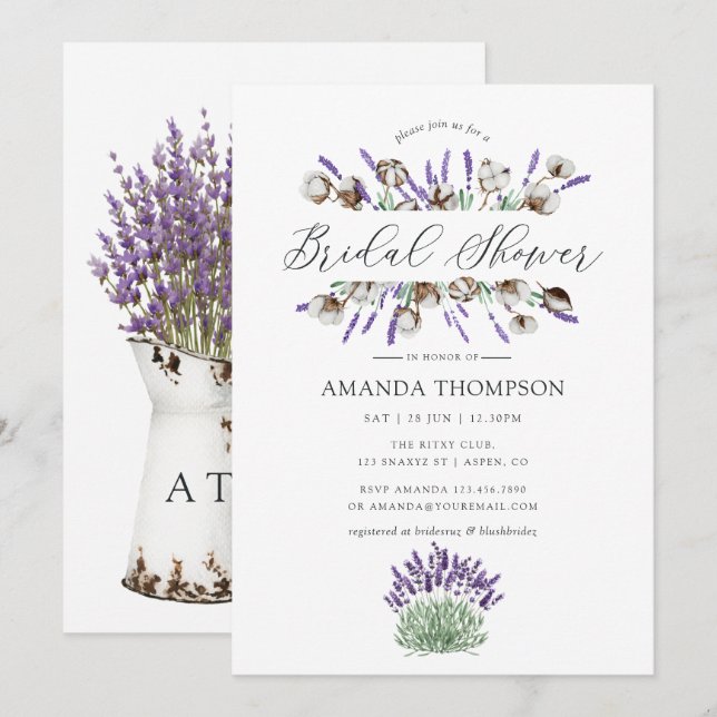 Watercolor Cotton Lavender Country Bridal Shower Invitation (Front/Back)