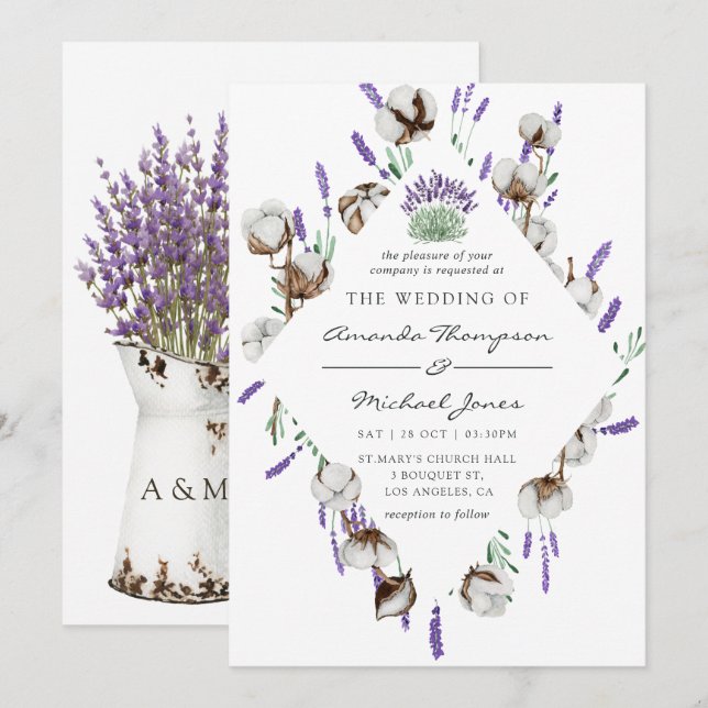Watercolor Cotton Lavender Country Wedding Invitation (Front/Back)