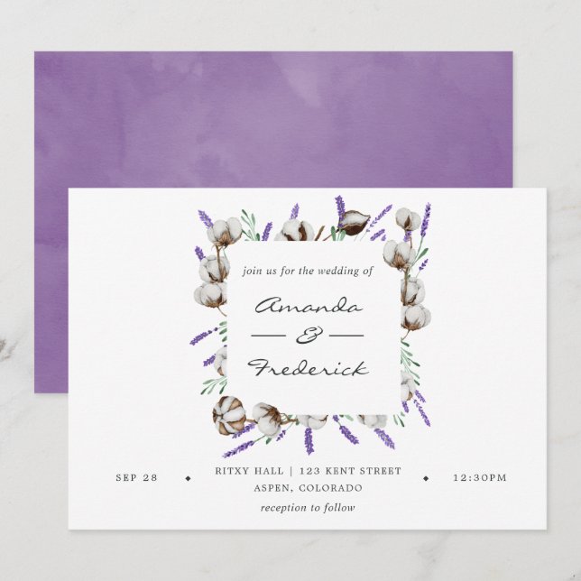 Watercolor Cotton Lavender Country Wedding Invitation (Front/Back)