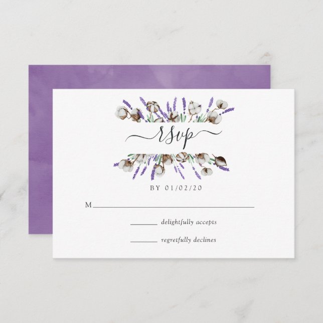 Watercolor Cotton Lavender Country Wedding RSVP Ca (Front/Back)