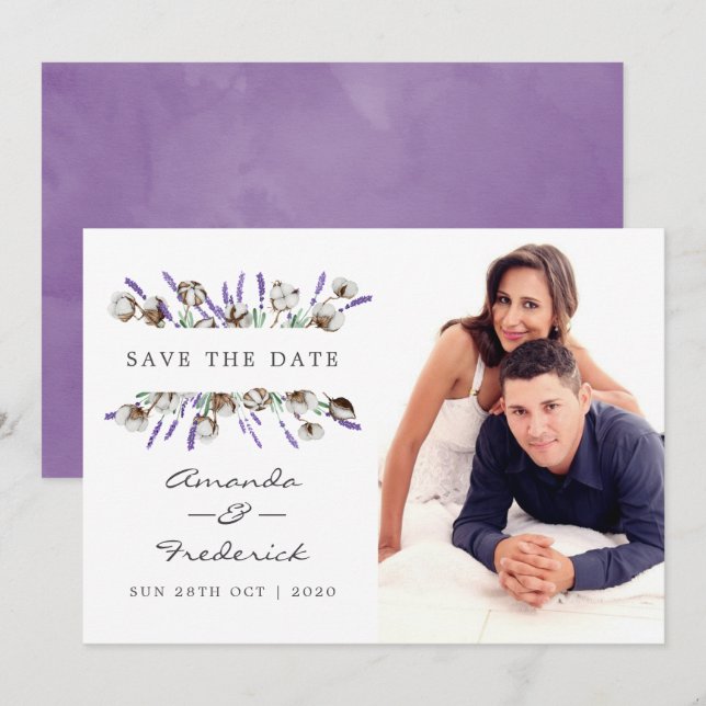 Watercolor Cotton Lavender Wedding Save the Date Invitation (Front/Back)