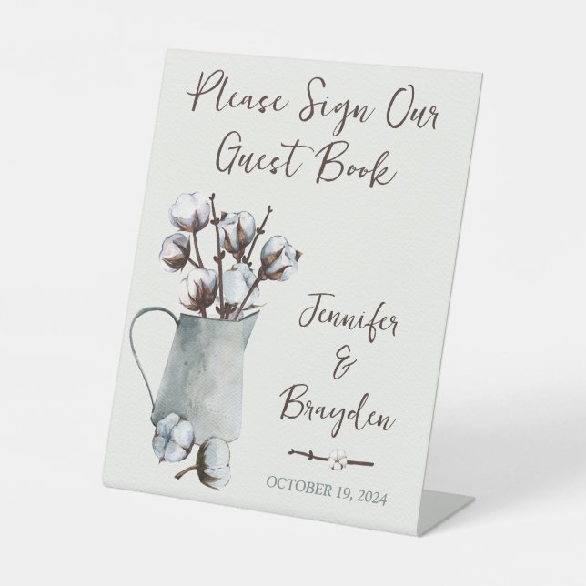 Watercolor Cotton Stems in Grey Pitcher Wedding Pedestal Sign (Front)