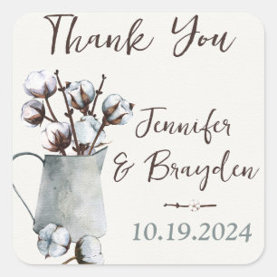 Watercolor Cotton Stems in Grey Pitcher Wedding Square Sticker