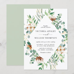 Watercolor Cottons and Eucalyptus Leaves Wedding Invitation