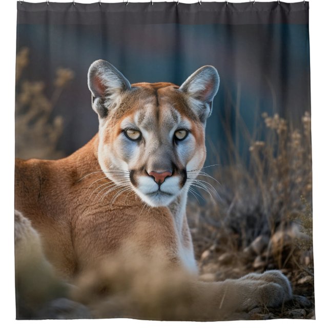 Watercolor Cougar Mountain Lion Cat Animal Shower Curtain (Front)