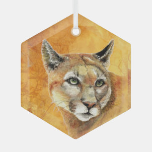 Watercolor Cougar Mountain Lion Wildlife Animal  Glass Tree Decoration