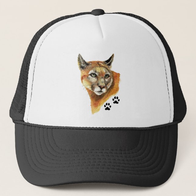 Watercolor Cougar Mountain Lion Wildlife Animal Trucker Hat (Front)