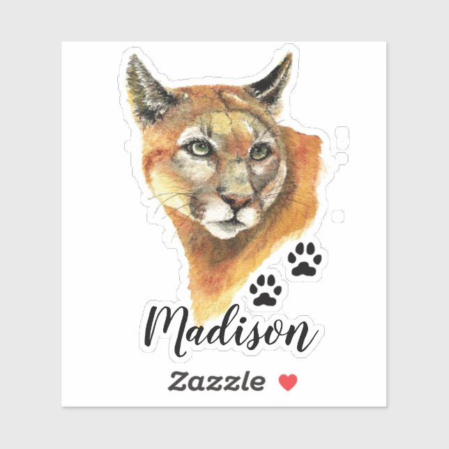 Watercolor Cougar, Puma Animal  Custom Name (Sheet)