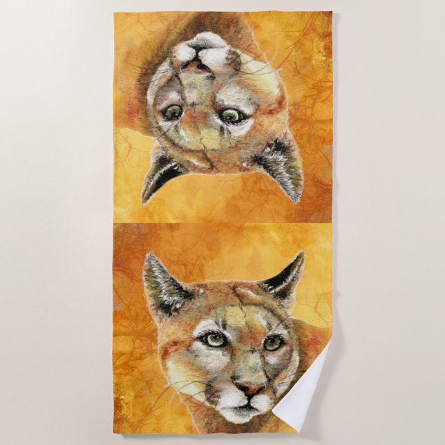 Watercolor Cougar, Puma, Mountain Lion Cat Beach Towel (Front)