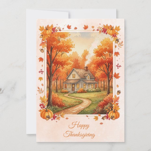Watercolor Country Cabin Thanksgiving  Holiday Card (Front)