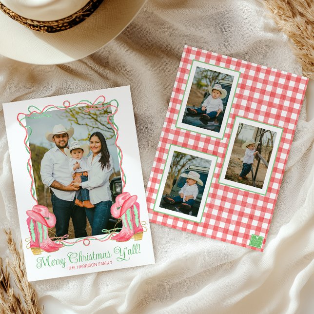 Watercolor Country Christmas Cowboy Boots Photo Holiday Card (Creator Uploaded)