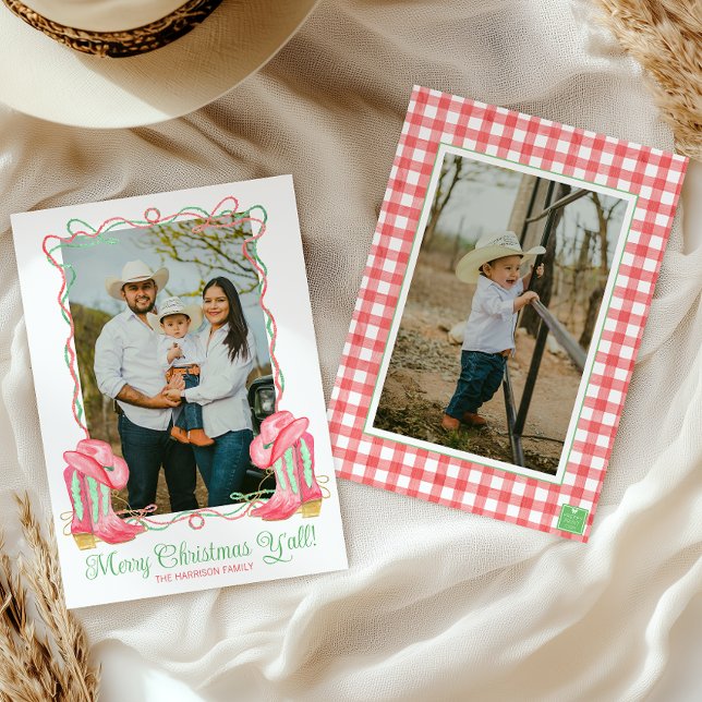 Watercolor Country Christmas Cowboy Boots Photo Holiday Card (Creator Uploaded)