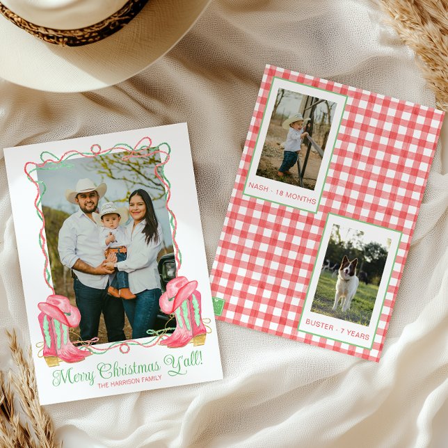 Watercolor Country Christmas Cowboy Boots Photo Holiday Card (Creator Uploaded)