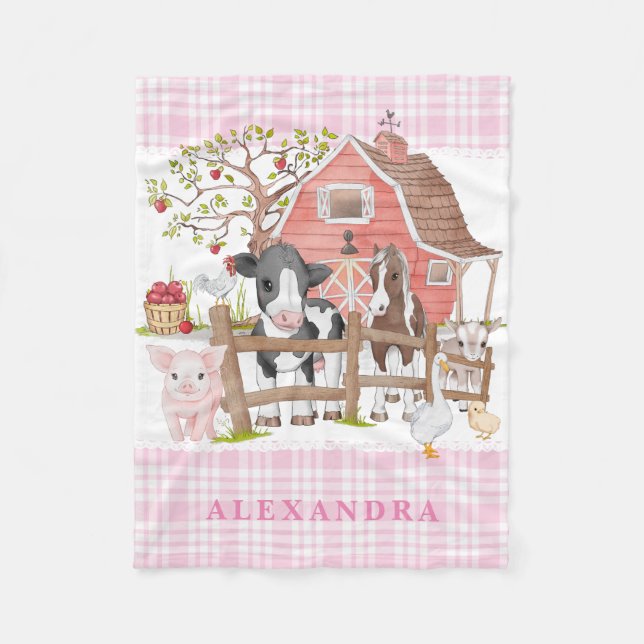 Watercolor Country Farm Animals Baby Girl Nursery Fleece Blanket (Front)