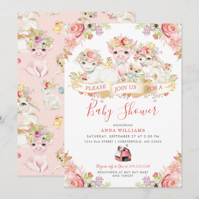 Watercolor Country Farm Animals Baby Shower Invitation (Front/Back)