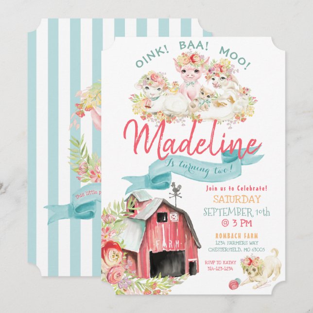 Watercolor Country Farm Animals Birthday Party Invitation (Front/Back)