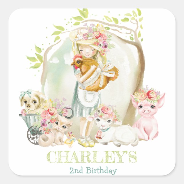 Watercolor Country Girl Farm Petting Zoo Birthday Square Sticker (Front)