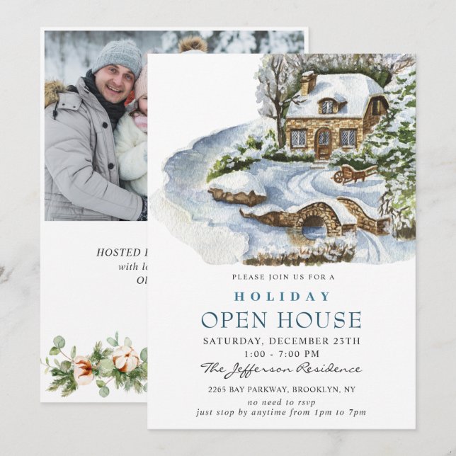 Watercolor Country Holiday Christmas Open House Invitation (Front/Back)
