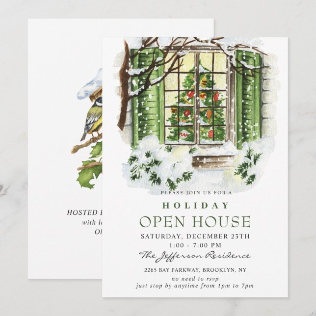 Watercolor Country Holiday Christmas Open House Invitation (Front/Back)