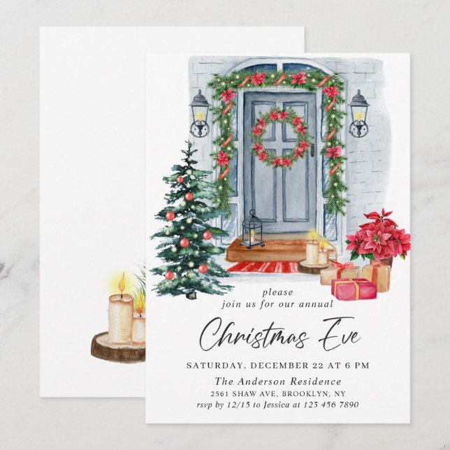 Watercolor Country Holiday House Christmas EVE Invitation (Front/Back)