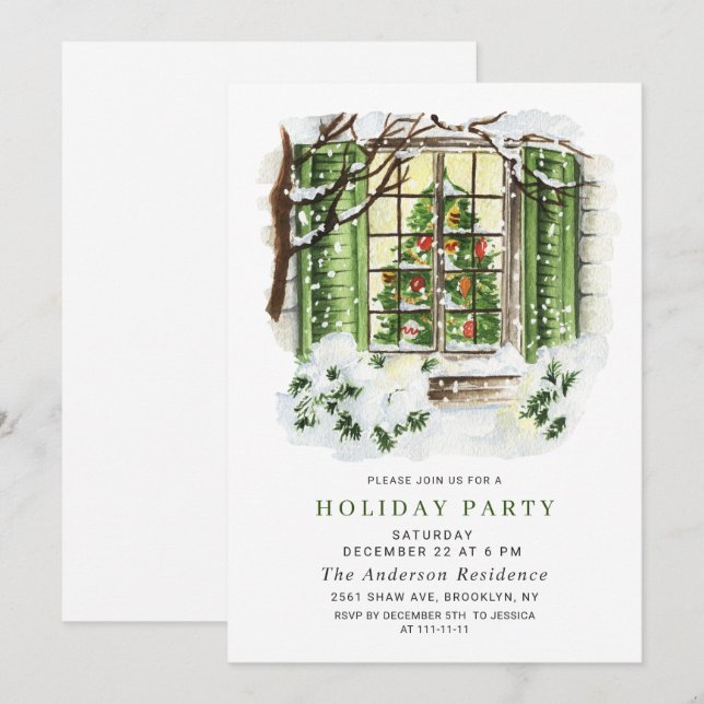 Watercolor Country Holiday House Christmas Party Invitation (Front/Back)