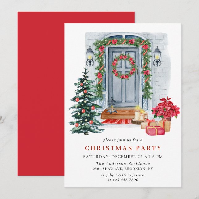 Watercolor Country Holiday House Christmas Party Invitation (Front/Back)