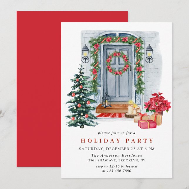 Watercolor Country Holiday House Christmas Party Invitation (Front/Back)