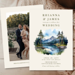 Watercolor Country Lake Photo Wedding Invitation