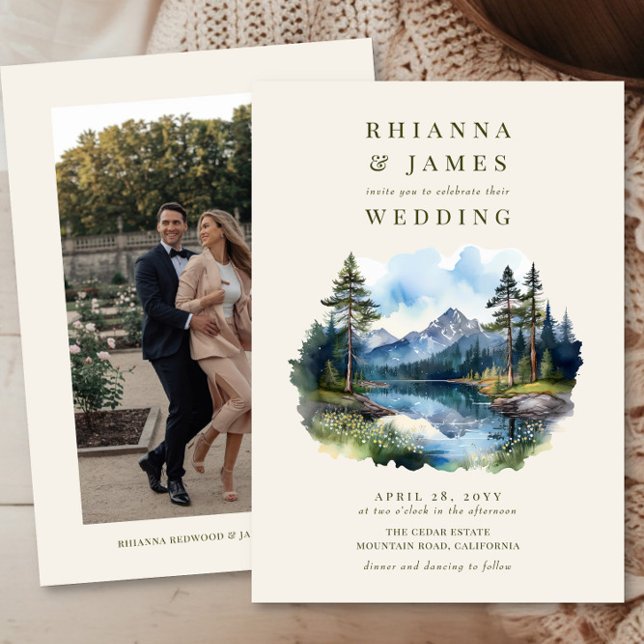 Watercolor Country Lake Photo Wedding Invitation (Wedding invitation with photo  from the Country Lake wedding collection by Darling & May)