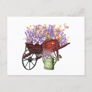 Watercolor Country Wagon, Watering Can & Flowers Postcard