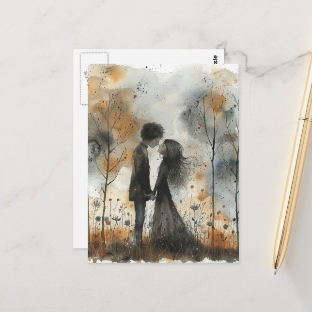 Watercolor Couple in Love Postcard (Front/Back In Situ)
