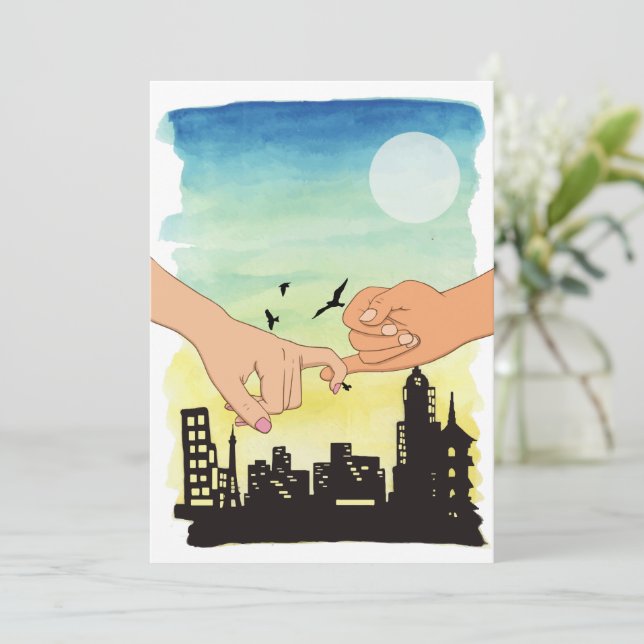 Watercolor couple promise cityscape view, pinky pr card (Standing Front)