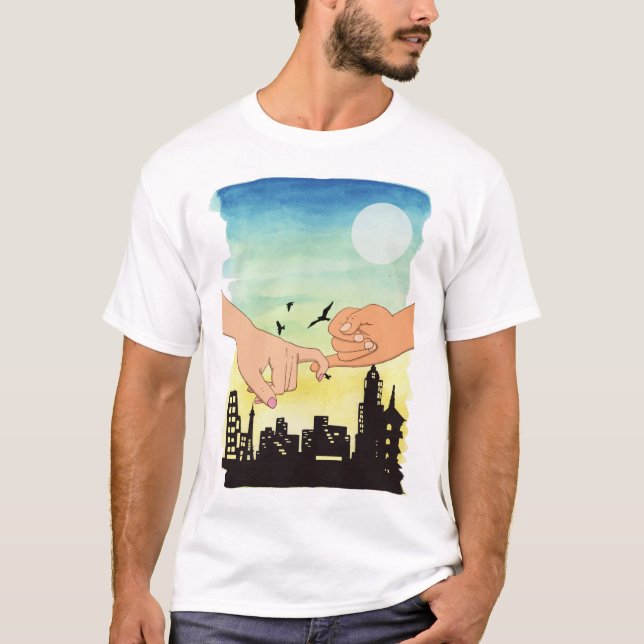 Watercolor couple promise cityscape view, pinky pr T-Shirt (Front)