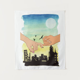 Watercolor couple promise cityscape view, pinky pr tapestry