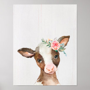 Watercolor Cow, Baby Animals Nursery Poster